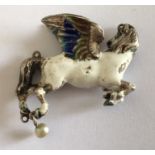 Antique Enamelled Pegasus Horse Pendant - 38mm x 30mm with Pearl Drop.