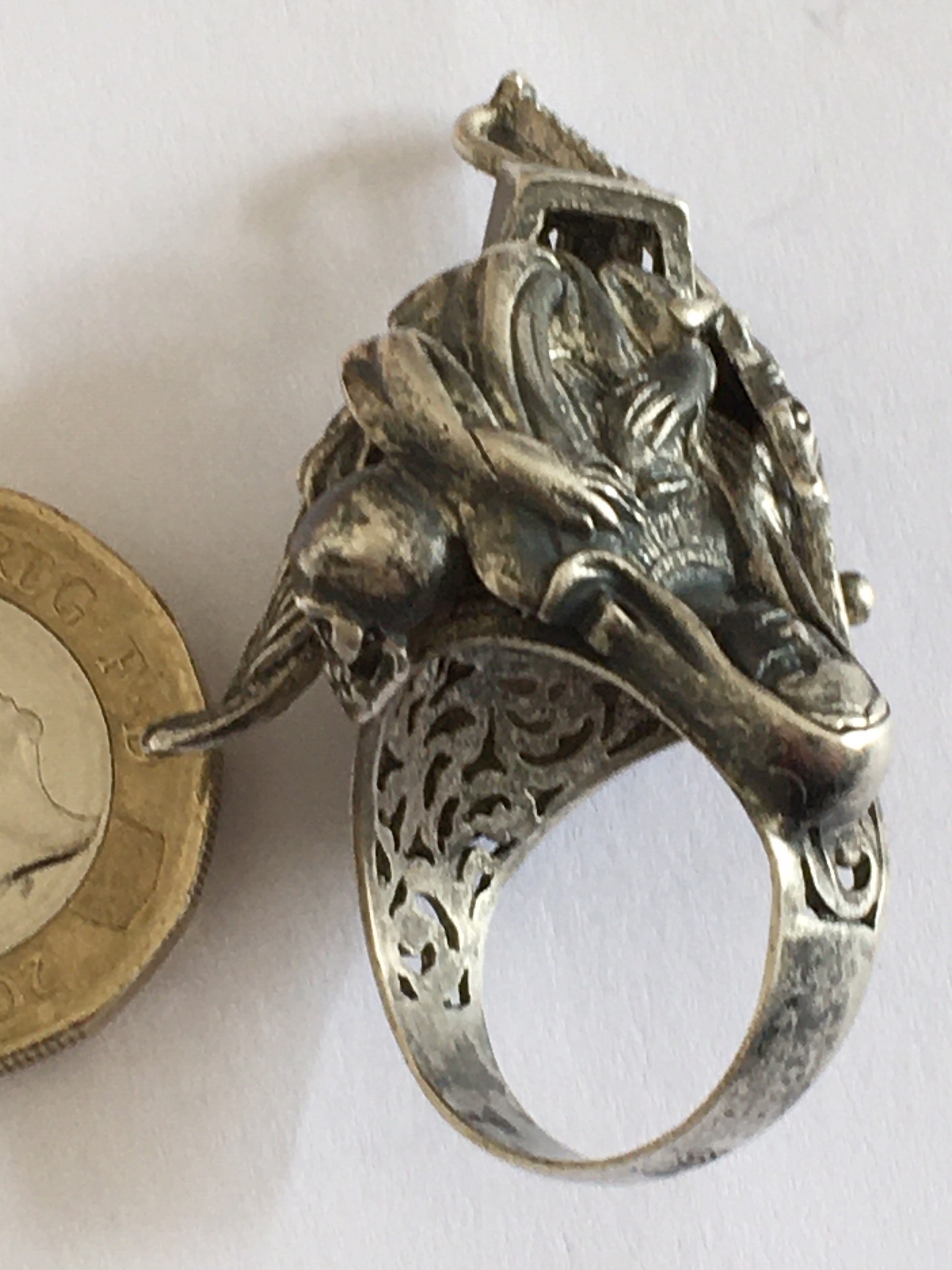 Vintage Modernist Silver Ring depicting Religion, Sport, Animals marked NSS. - Image 4 of 7