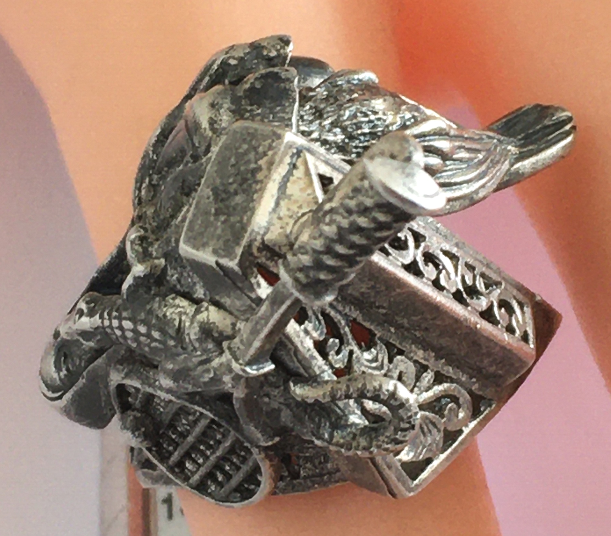 Vintage Modernist Silver Ring depicting Religion, Sport, Animals marked NSS. - Image 2 of 7