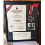 Framed Iron Cross Medal with signed paperwork by Gen.Mjr. Eduard Muhr or 15.Flak Division.