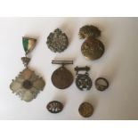 Lot of Badges, Medal, Miniature Coins, Skull&Crossbones Ring.