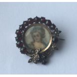 Antique Yellow Metal, Garnet and Pearl, Miniature Painting Brooch - 30mm x 27mm.