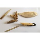 Lot of Inuit Bone-Ivory Tools plus Ivory Fish 5 1/4" long.