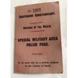 World War One Banffshire Constabulary Special Military Area Police Pass - 114mm x 76mm.