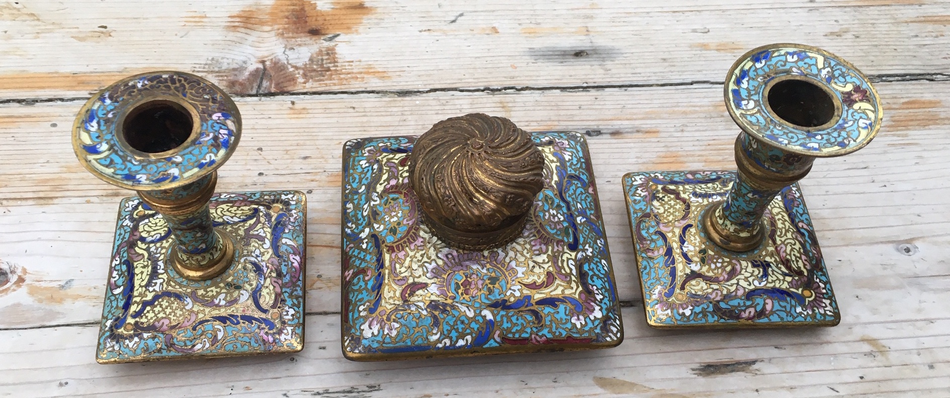 Antique/Vintage Lot of Desk Set of Brass and Cloisonne Inkwell and Candlesticks. - Image 10 of 12