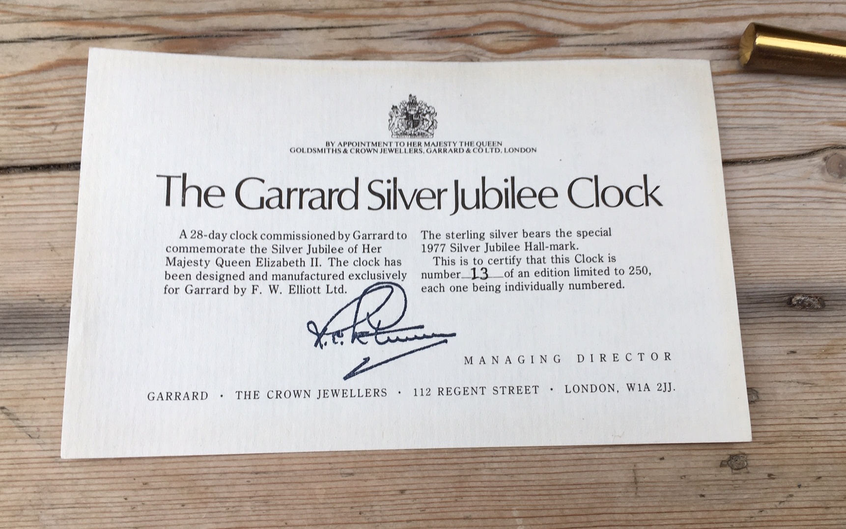 Garrard&Co London (Elliot&Co) Silver Jubilee Clock number 13/250 - working. - Image 2 of 8