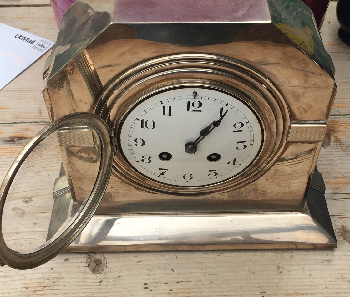 Vintage Silver Cased Walker&Hall Chiming Clock with French Movement - 10 1/4" x 9 1/4" x 4 3/4". - Image 11 of 13