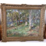 William Stewart Macgeorge Oil Painting - Woodland Scene of 3 Children Playing and Picking Bluebells