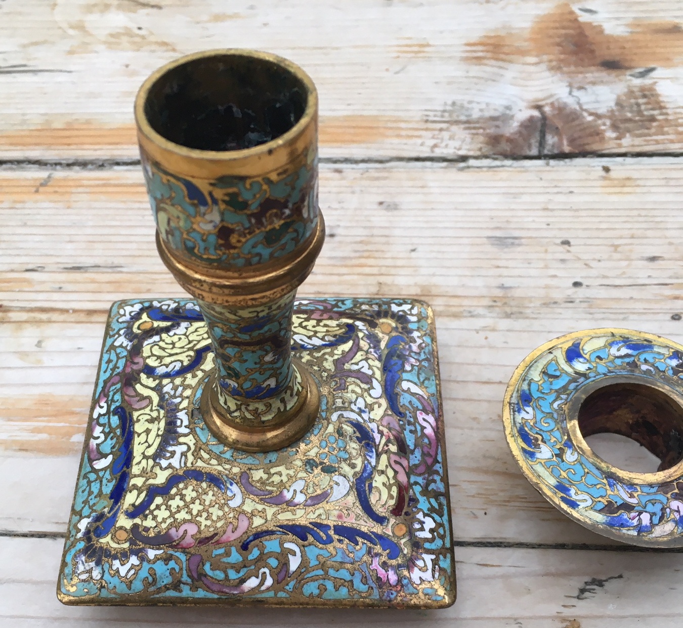 Antique/Vintage Lot of Desk Set of Brass and Cloisonne Inkwell and Candlesticks. - Image 6 of 12