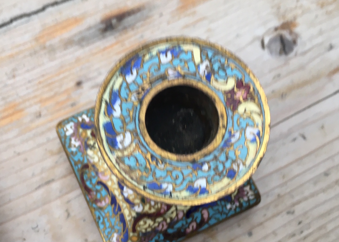 Antique/Vintage Lot of Desk Set of Brass and Cloisonne Inkwell and Candlesticks. - Image 7 of 12