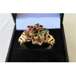 9ct Gold Gem Set Modernist Ring - UK size W - 6.26 grams - stones - sapphire-emerald-amethyst etc.