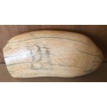 Antique Whale Tooth Scrimshaw of Sailing Boat and small boats - 6" long and 3 1/4" wide - 509 grams.