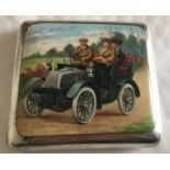 Antique Silver and Enamel Motoring Themed Cigarette Case with Chester Hallmarks - 3 5/8" x 3 1/4".