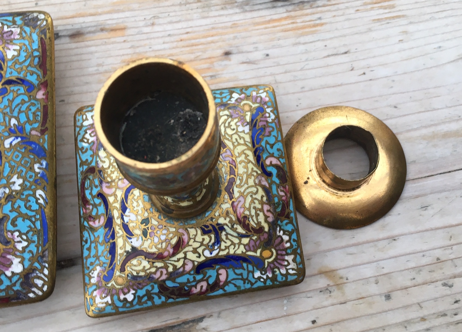 Antique/Vintage Lot of Desk Set of Brass and Cloisonne Inkwell and Candlesticks. - Image 8 of 12