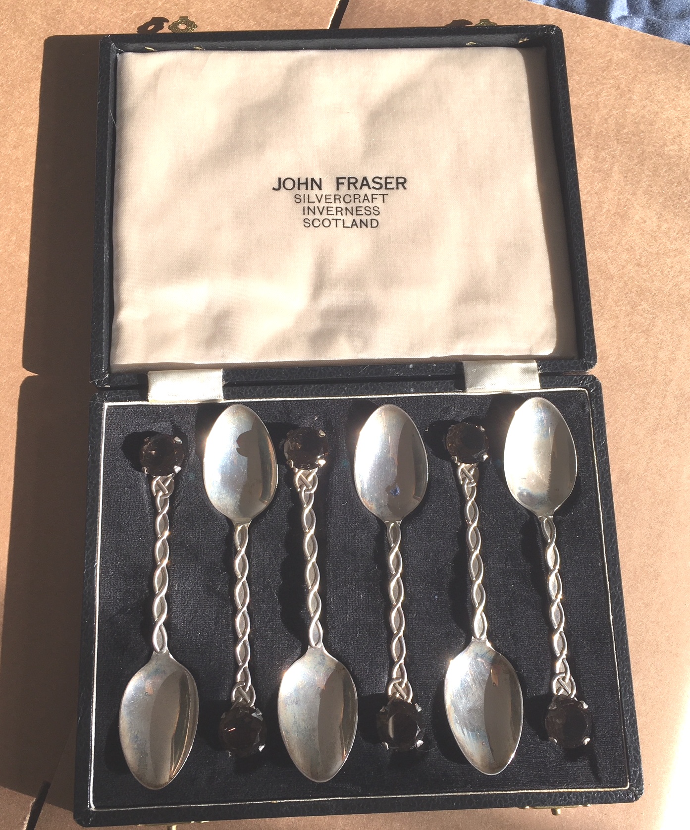 John Fraser Inverness Vintage Boxed Set of Silver and Citrine Topped Spoons - 4 3/4" long.