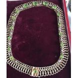 Lot of Costume Jewellery Yellow Metal (not Gold) Necklace 19" x 5/8" set with Diamonds &Green Stone.