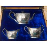 Antique Oak Cased 3 Piece Silver Tea Set - 945 grams.