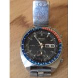 1970’s Seiko Steel 41mm automatic chronograph Pogue 6139-6000. Blue/ red bezel black dial.