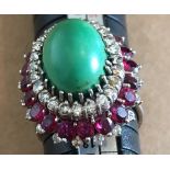 Vintage 14 karat Gold Diamond, Garnet and Green Stone Ring - UK size Q - 10.7grams.