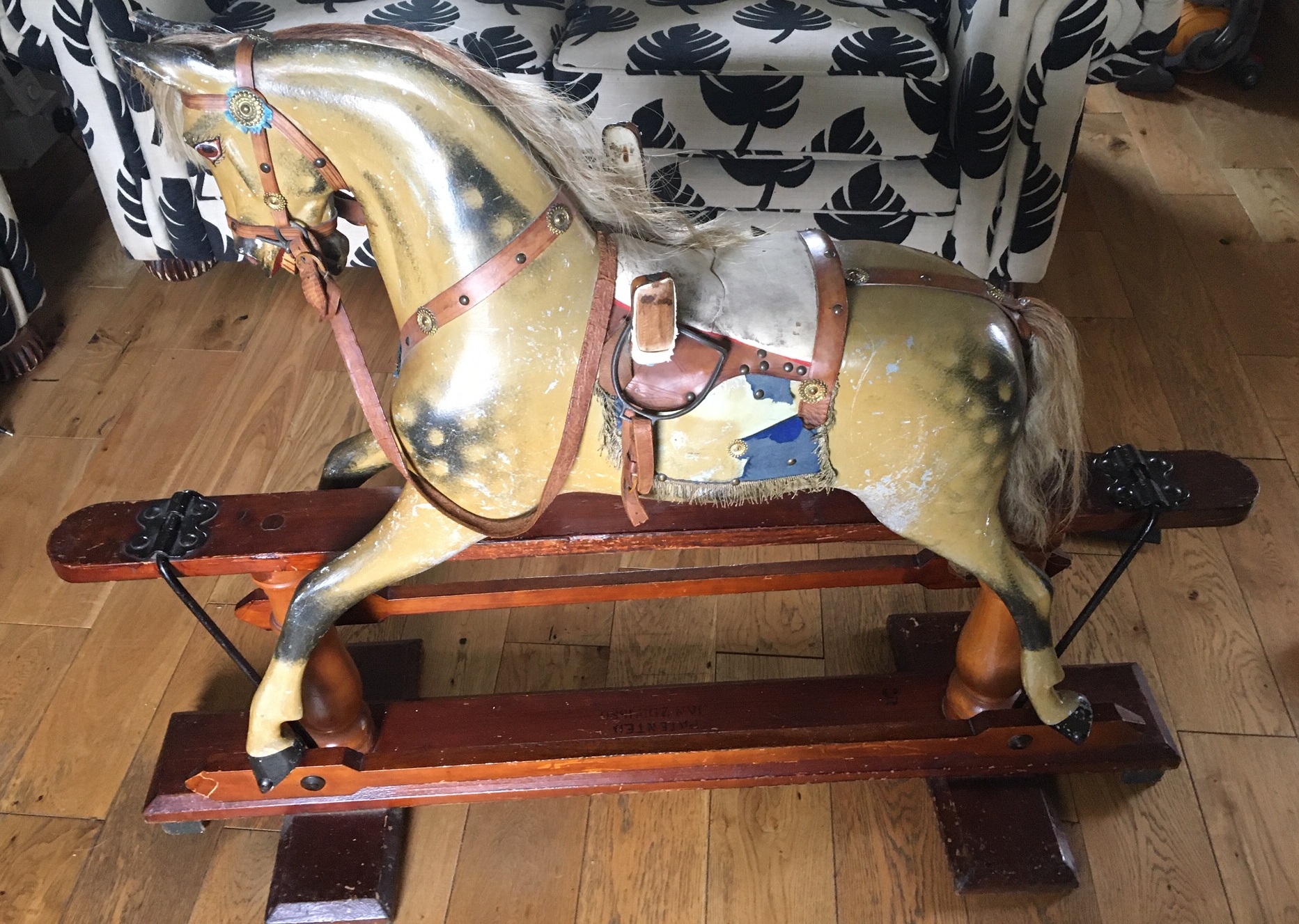 F H Ayres attributed Antique Rocking Horse with stamped 1880 patent - Stand 50" long - height 39.5" - Image 12 of 28