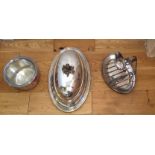Lot of 3 Items of Silver Plate - Meat Platter/Cover-Ice Bucket and Sauce Server.
