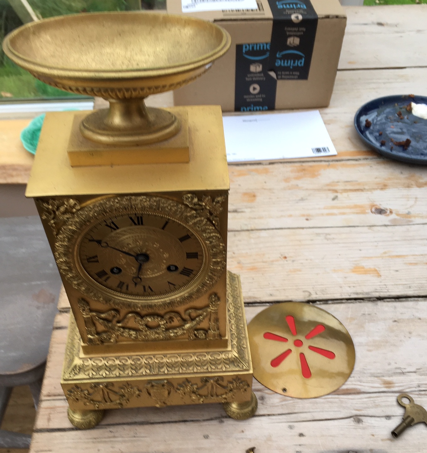 Antique Yellow Metal French Clock - 12" x 6 1/2".