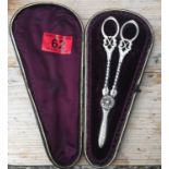 Antique Cased Solid Silver Grape Scissors - - 6 3/4" long - 75 grams.