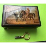 Antique Miniature Musical Box with Hand Painted Scene - 94mm x 60mm x 33mm -working order.