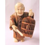 Antique Japanese Meiji Period Shibayama Figure of an Old Man and Bird Cage with Mother of Pearl.