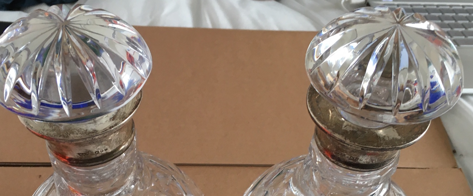 Pair of Vintage Silver Collared Crystal Decanter 9 3/4" tall and 5 1/2" at the widest. - Image 7 of 7