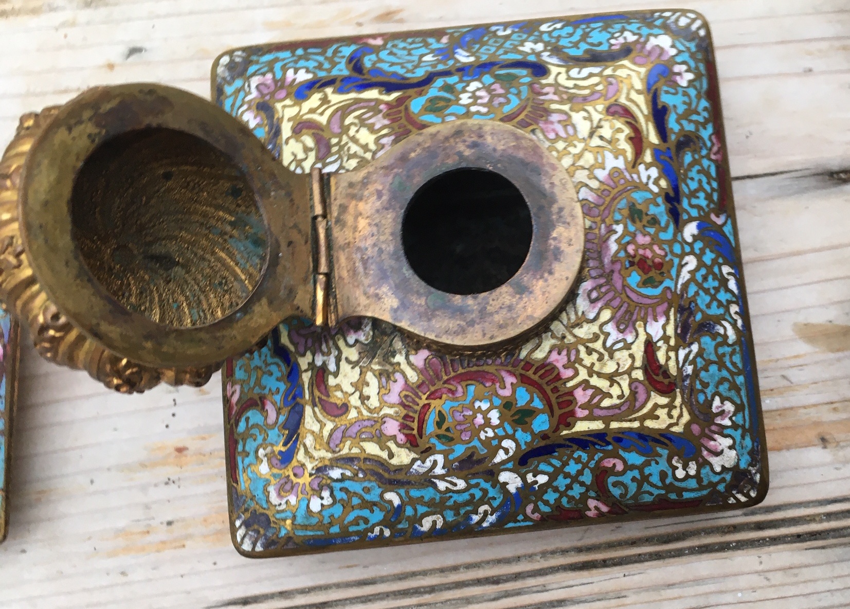 Antique/Vintage Lot of Desk Set of Brass and Cloisonne Inkwell and Candlesticks. - Image 12 of 12