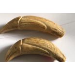 Lot of 2 Inuit Whale Teeth Carved as Penguins - one 6 5/8"and 280 grams the other 5 1/2" and 305g.