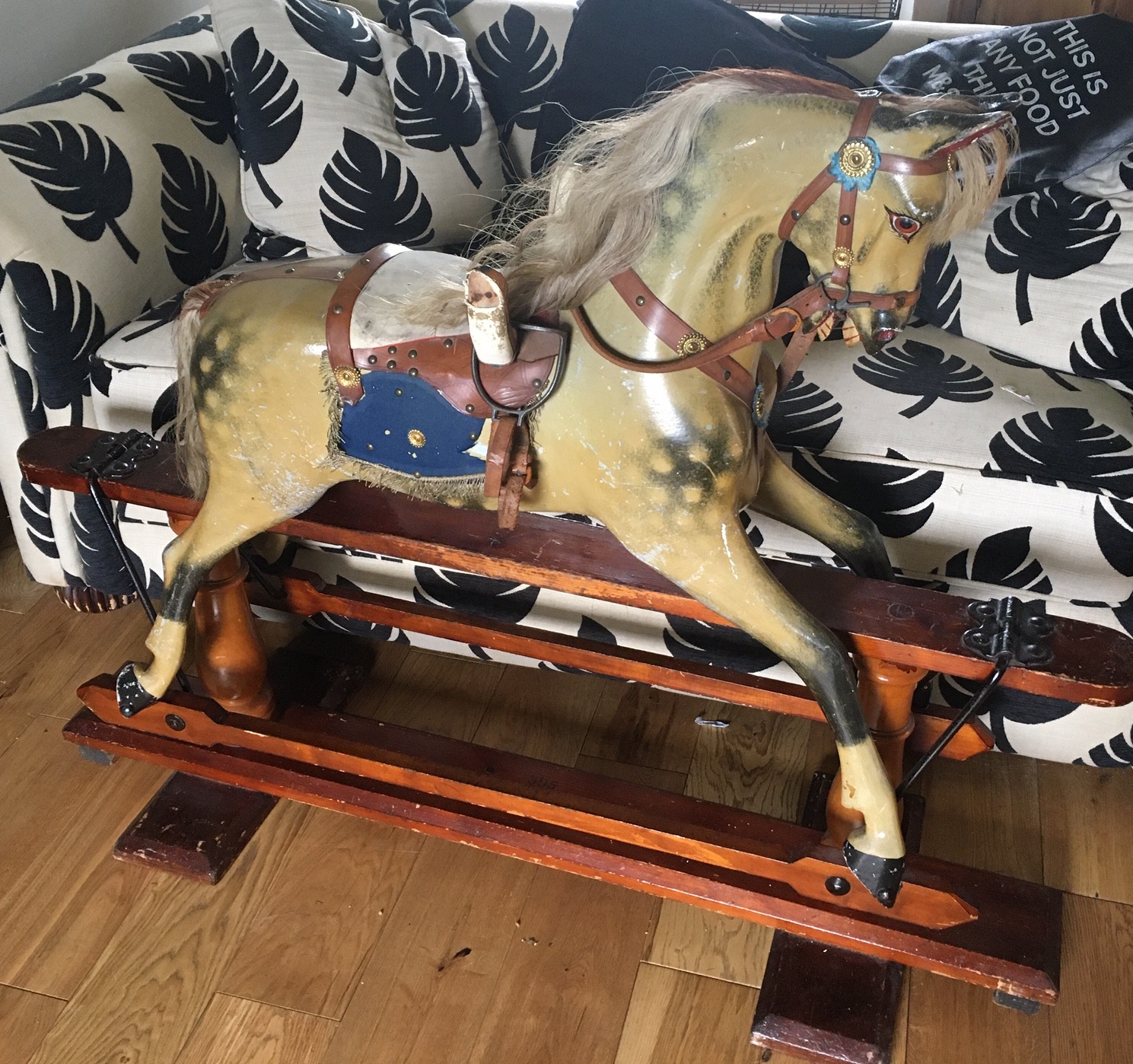F H Ayres attributed Antique Rocking Horse with stamped 1880 patent - Stand 50" long - height 39.5"