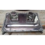 Vintage Solid Silver Inkstand with Silver Topped Glass Bottles - 11" x 7 1.2"