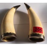 Pair of White Metal Mounted Whale Teeth - 6 1/8" tall each and 688 grams total.