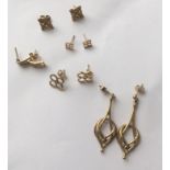 Vintage Lot of 5 Pair of 9ct Gold Earrings - 8.9 grams total.