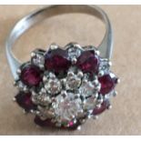 Vintage 18 karat White Gold Diamond and Garnet Ring UK size Q 1/2 with English Hallmarks - 10.7 gr.