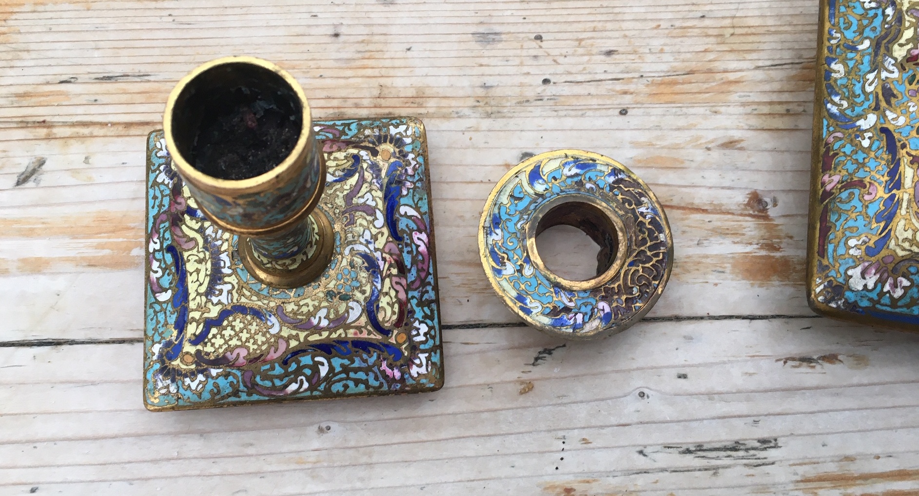 Antique/Vintage Lot of Desk Set of Brass and Cloisonne Inkwell and Candlesticks. - Image 5 of 12