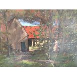 John Lawson Oil Painting of Wooded Cottage Scene actual Oil 29" x 24 1/2".