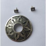 Modernist Scottish Silver Pendant (49mm dia) and Earrings (9mm x 7mm heads) -Edinburgh Hallmarks.