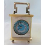 Miniature Brevet Silver, Mother of Pearl&Blue Enamel Carriage Clock in original Case - 55mm tall.