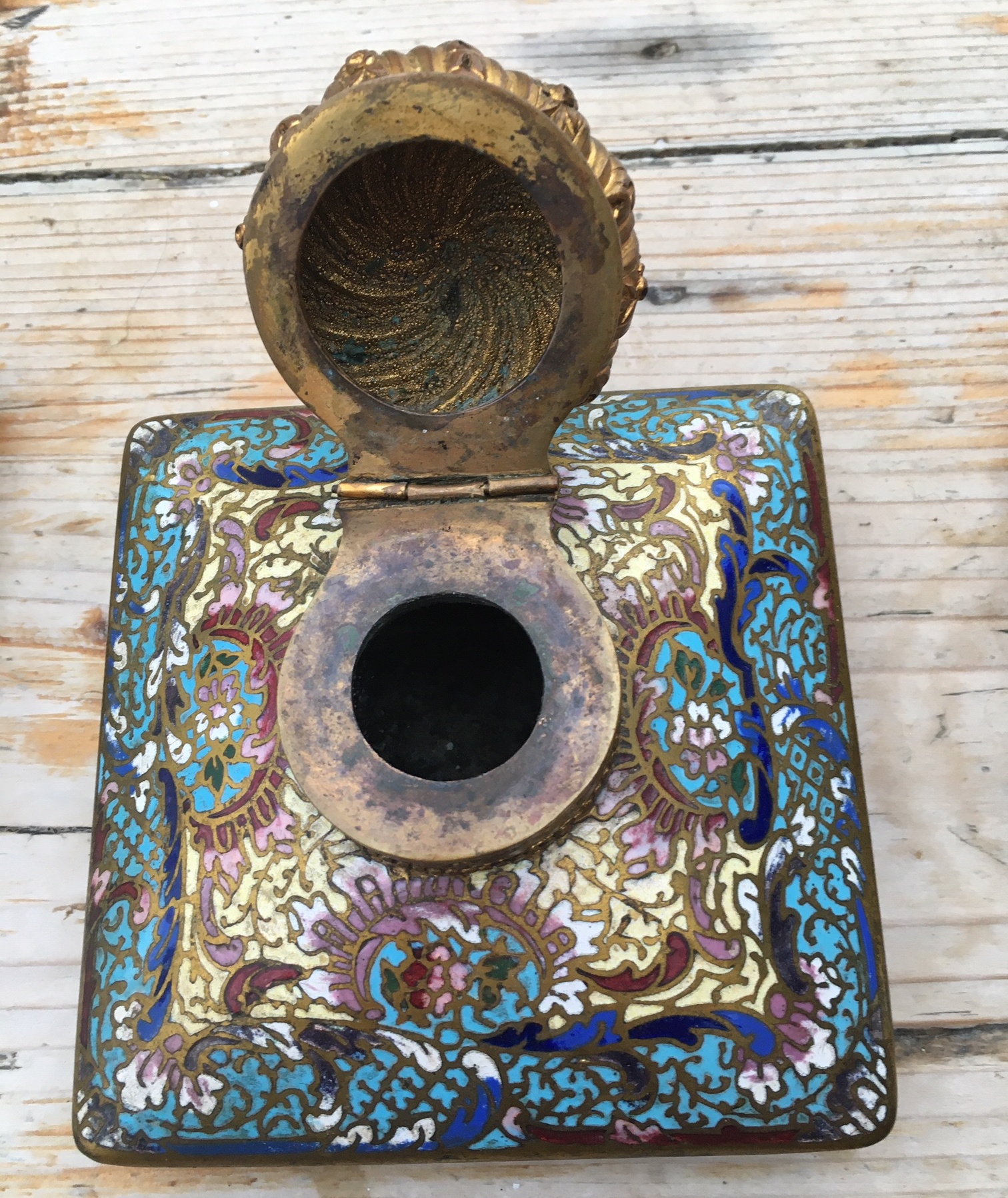 Antique/Vintage Lot of Desk Set of Brass and Cloisonne Inkwell and Candlesticks. - Image 3 of 12