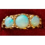 Vintage 9ct Gold and Opal Three Stoned Ring - UK size K 1/2 - 3.6 grams.