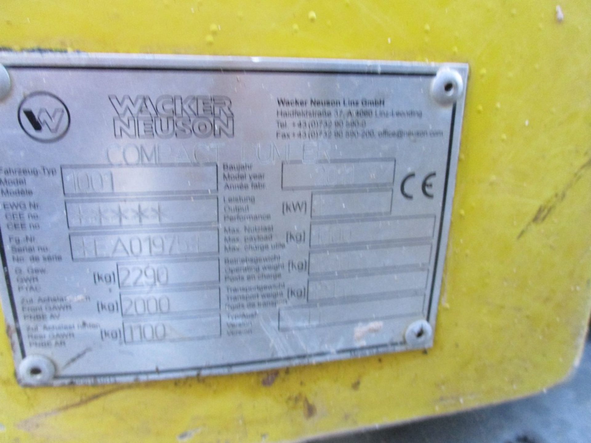 WACKER NEUSON 1001 HI TIP DUMPER 2011 1175HRS - Image 3 of 10