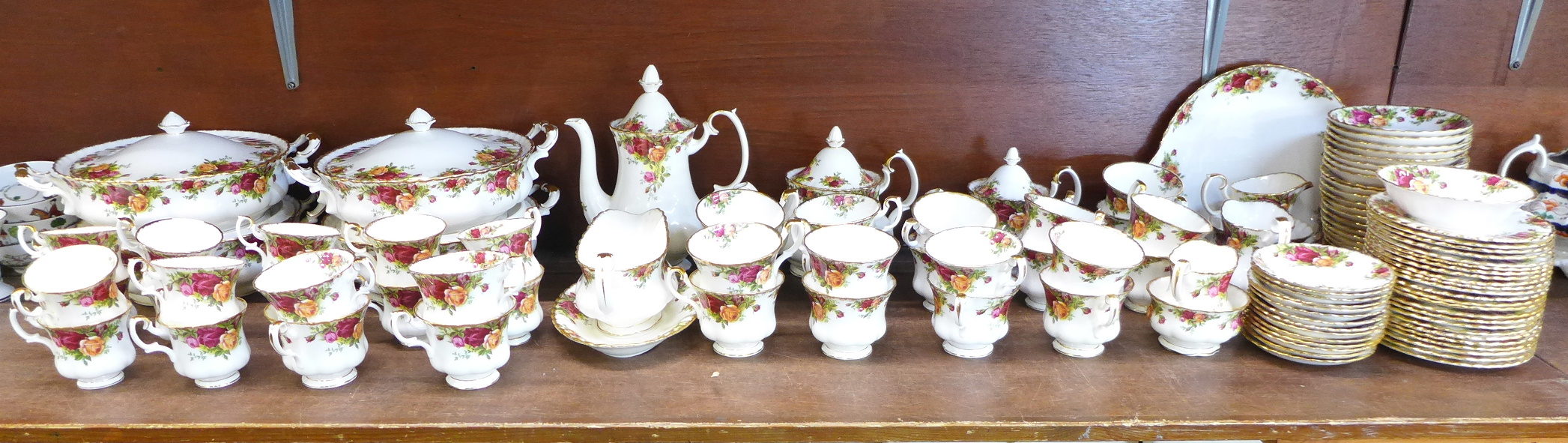 Royal Albert Old Country Roses china, 24 tea cups, saucers and side plates, 4 tureens, 14 coffee