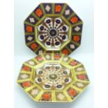 Two Royal Crown Derby octagonal plates, Old Imari pattern, boxed