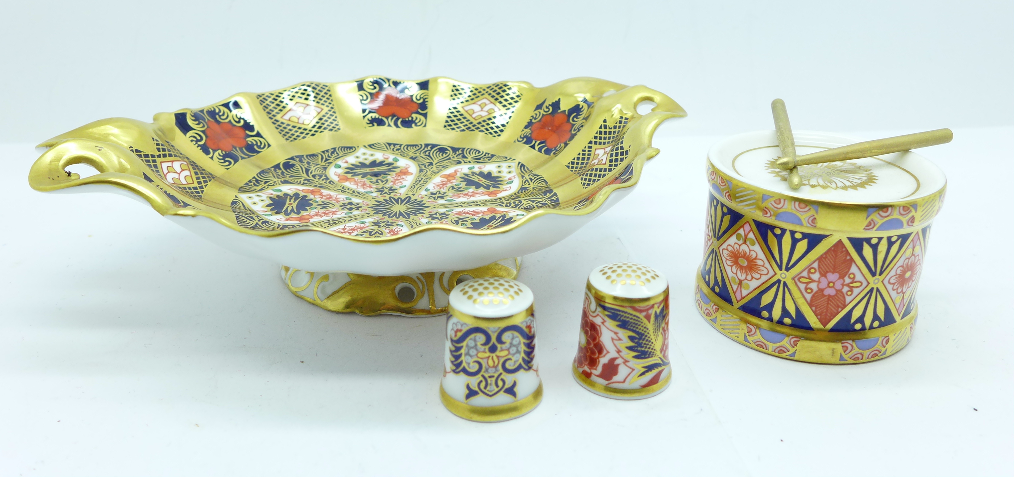 A Royal Crown Derby Old Imari pattern dish, boxed, a Royal Crown Derby Old Imari pattern drum with