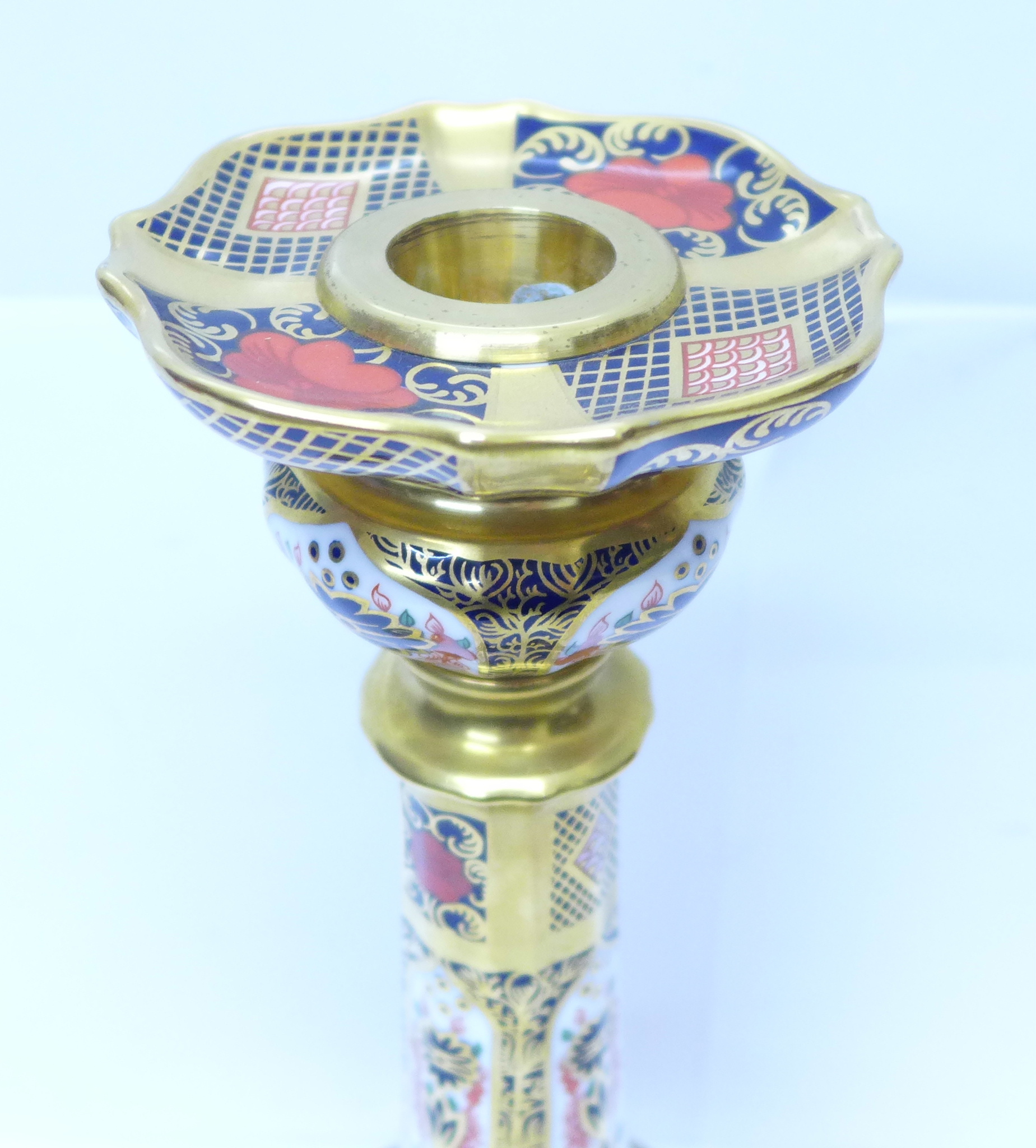 A Royal Crown Derby Old Imari pattern candlestick, 29cm, boxed - Image 3 of 6