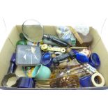A collection of assorted items including eye-baths, hair slides, spectacles, etc.