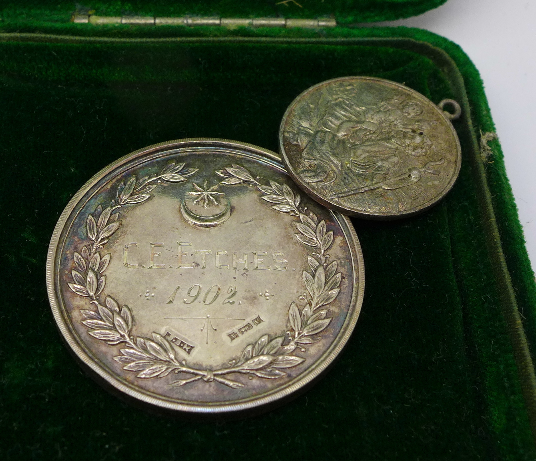 A small hallmarked silver trinket box, a white metal ashtray, silver napkin ring, ivory figures, a - Image 3 of 3